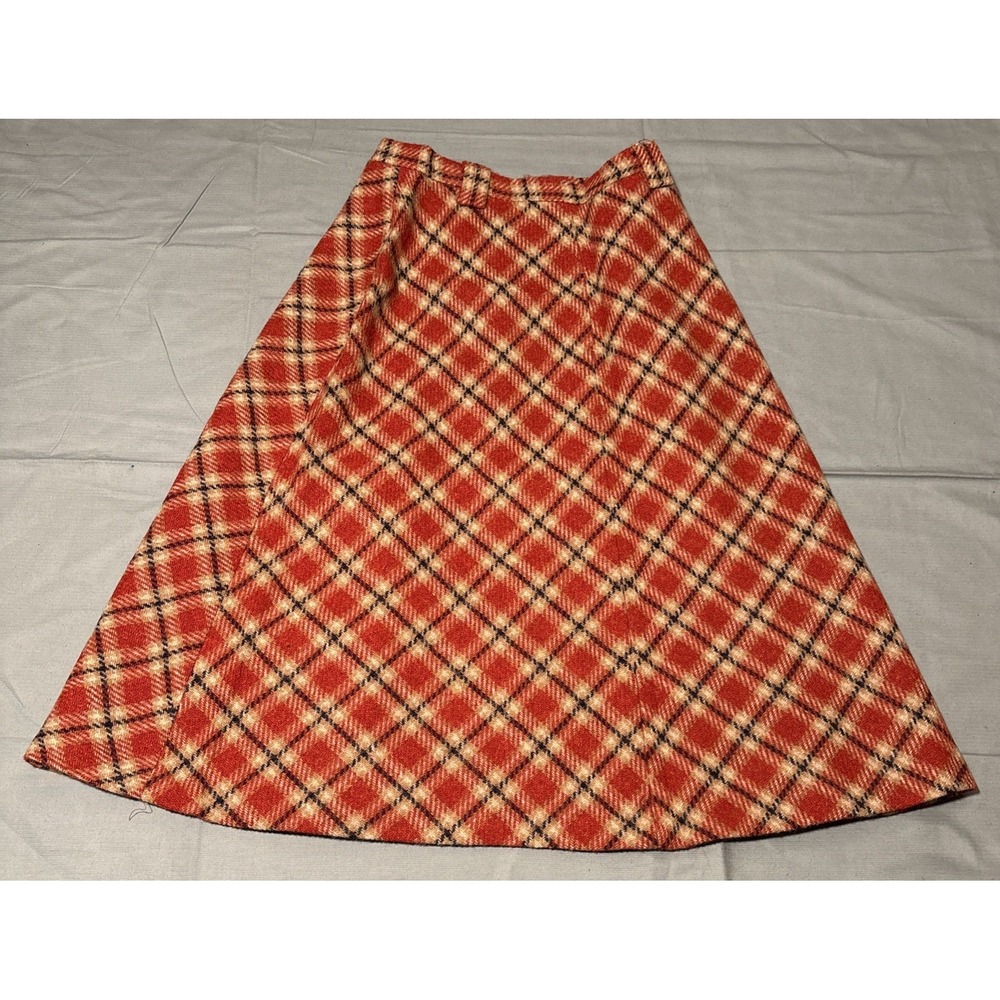 Vintage Prestige of Boston Plaid A-Line Skirt Orange Cream Navy Wool Blend Midi